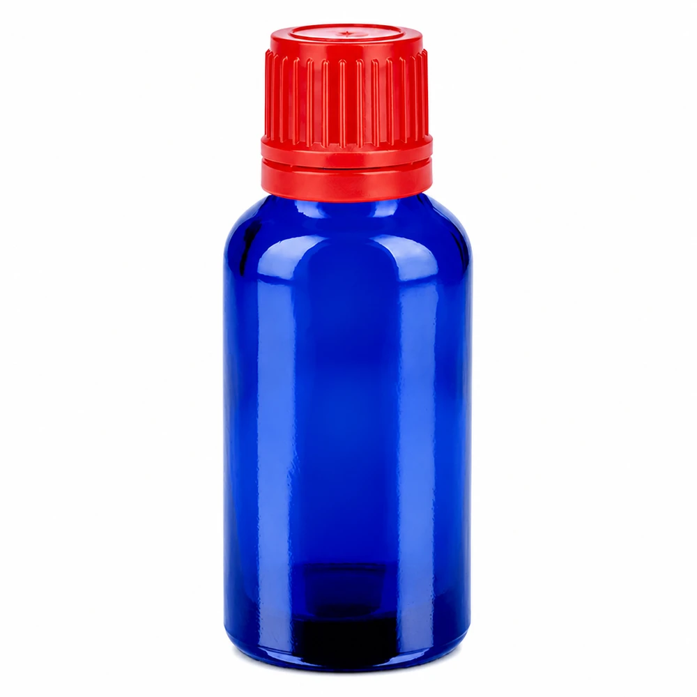 30ml pullo 11mm kierrekorkki punainen väärentämisen estävä korkki BlueLine UT18/30 30ml lasipullo punaisella ruuvikorkilla eteerisiä öljyjä ja tiputussovelluksia varten.