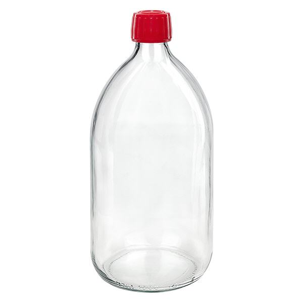 1000ml lääkepullo kirkas, punainen korkki, jossa on peukaloinnin estävä rengas ApoGlas 1000ml lääkepullo kirkas, punainen korkki, jossa on peukaloinnin estävä rengas ApoGlas