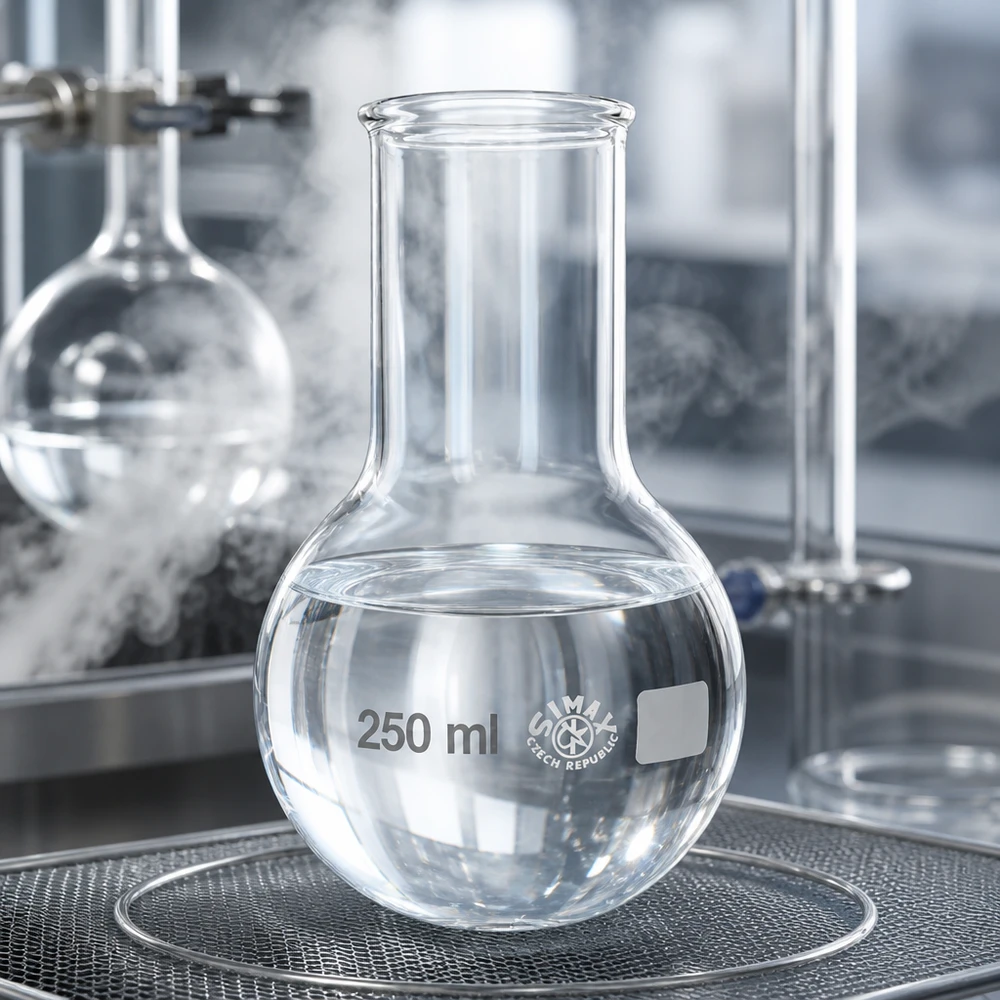 Pyöreäpohjainen pullo 250ml leveä kaula Läpinäkyvä pyöreäpohjainen pullo 250ml leveä kaula optimaalista näkyvyyttä varten kemiallisten reaktioiden aikana.