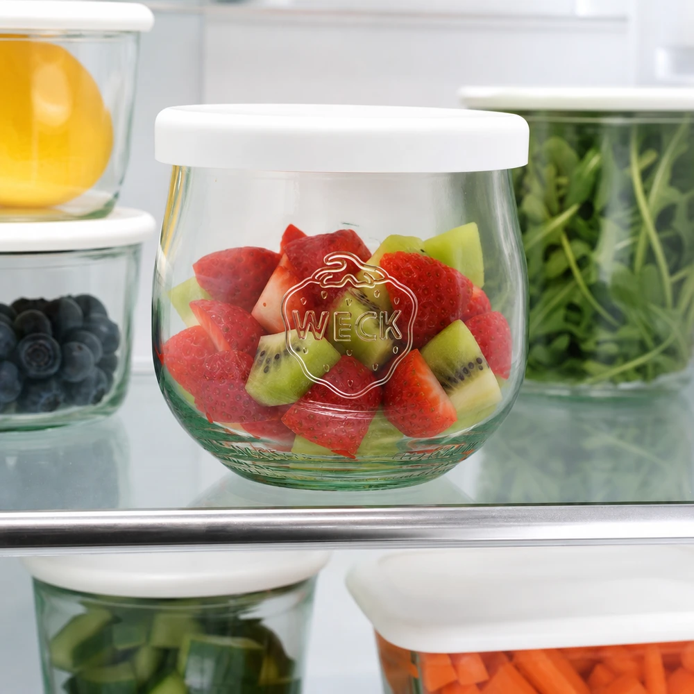 WECK tulppaanipurkki 370ml hedelmäsalaatilla jääkaapissa valkoinen silikonikansi Meal Prep tuoreuden säilytyspurkki