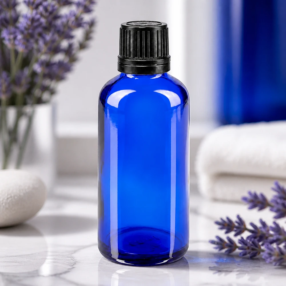 Apteekkipullo sininen 50ml ruuvikorkki musta valurengas peukaloinnin estävä sulkeminen Sininen 50 ml:n apteekkipullo borosilikaattilasista, jossa on uurrettu alkuperäinen korkki, ja sen vieressä laventelinoksia