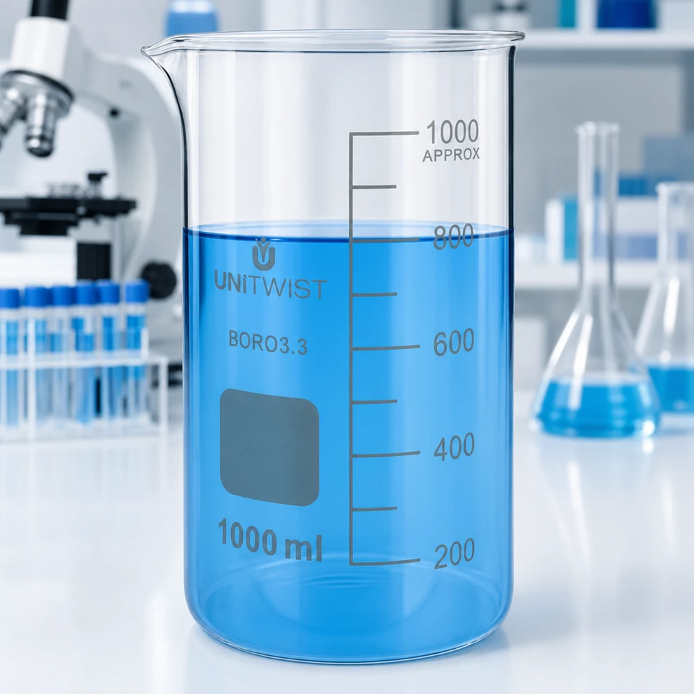 Juomalasi 1000ml borosilikaatti, korkea muotti UNiTWIST UNITWIST-lasimuki, 1000 ml, korkea malli, borosilikaattia, sisältää sinistä nestettä laboratoriopöydällä