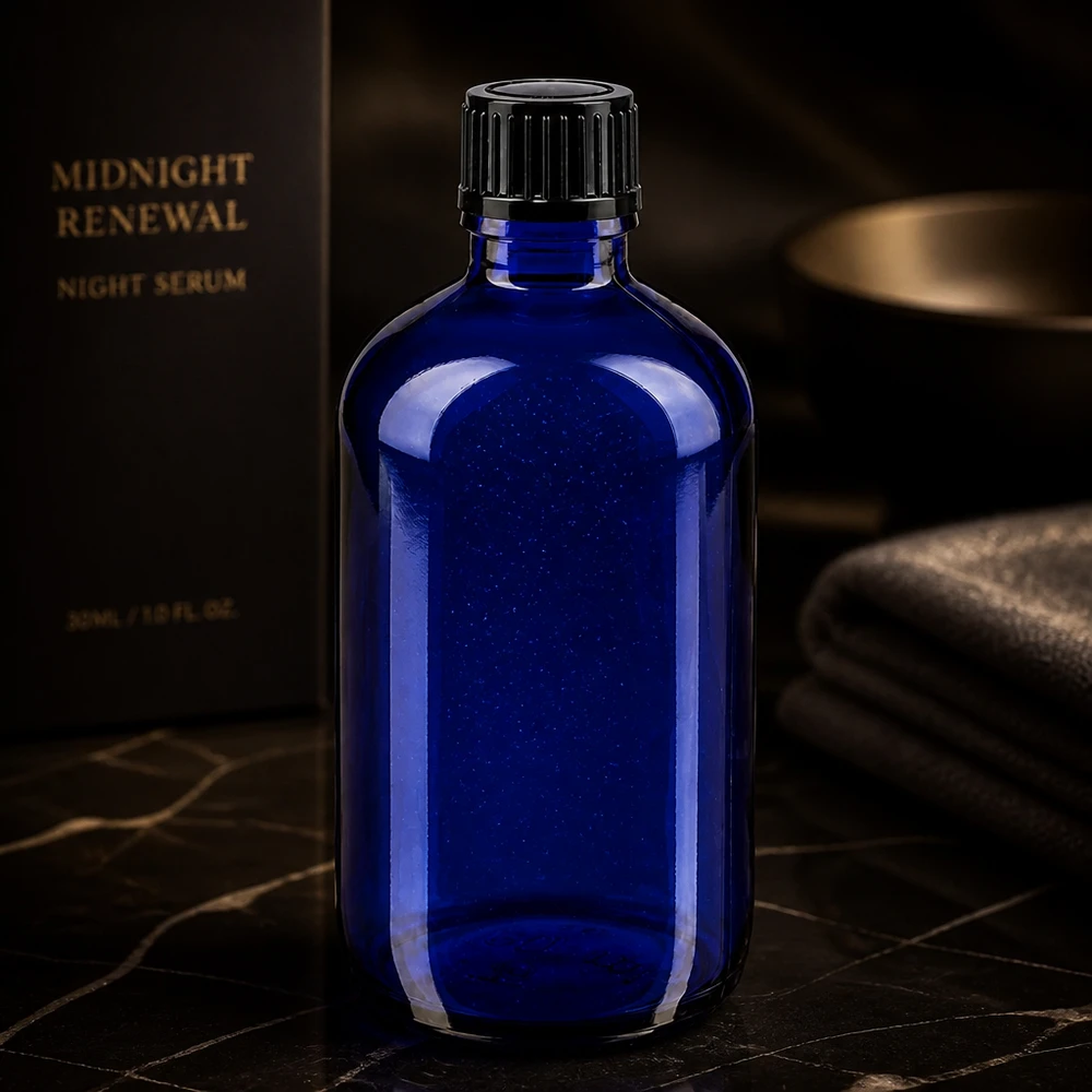 Sininen STD-tiputuspullo 100 ml, ApoGlas, mustalla kierrekorkilla, yöseerumille