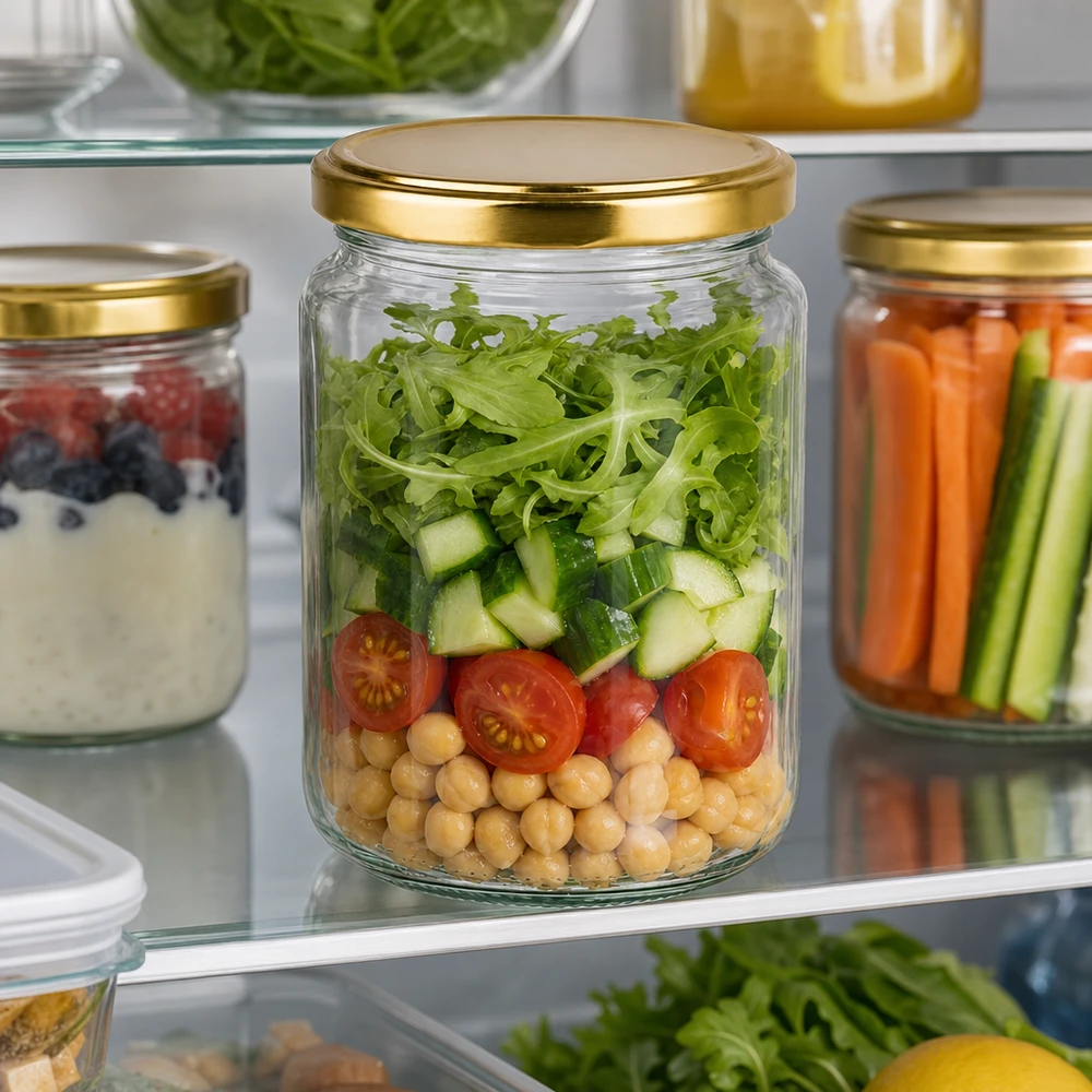 382 ml:n pyöreä purkki, jossa on BasicSeal-kansi kultainen UNiTWIST. 382ml Rundglas mit goldenem Deckel für frische Salate im Kühlschrank - perfekte Meal Prep Aufbewahrung