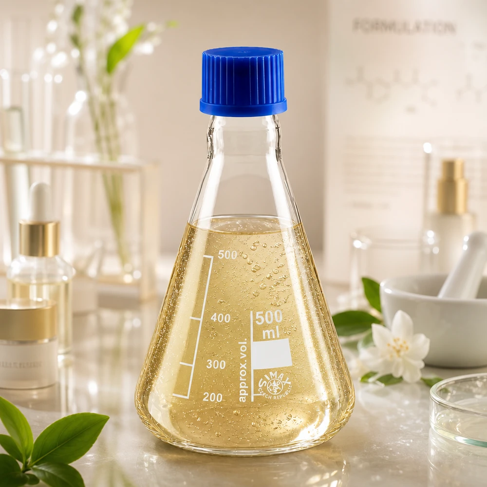 Erlenmeyer-pullo 500ml, jossa on kierrekorkki Erlenmeyer-pullo 500ml, jossa on keltainen neste ja sininen kansi kemiallisiin kokeisiin.