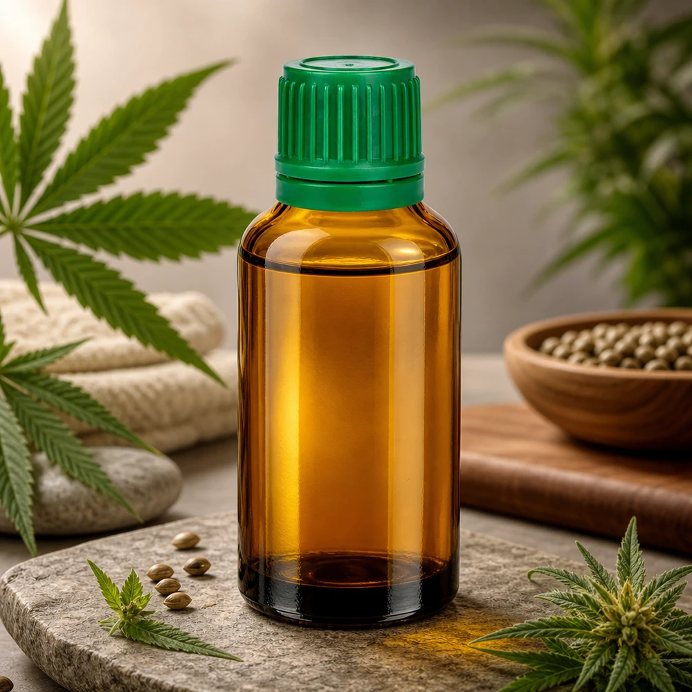 30ml tippapullo UV-suojatusta meripihkalasista, jossa on lapsiturvallinen vihreä korkki.
