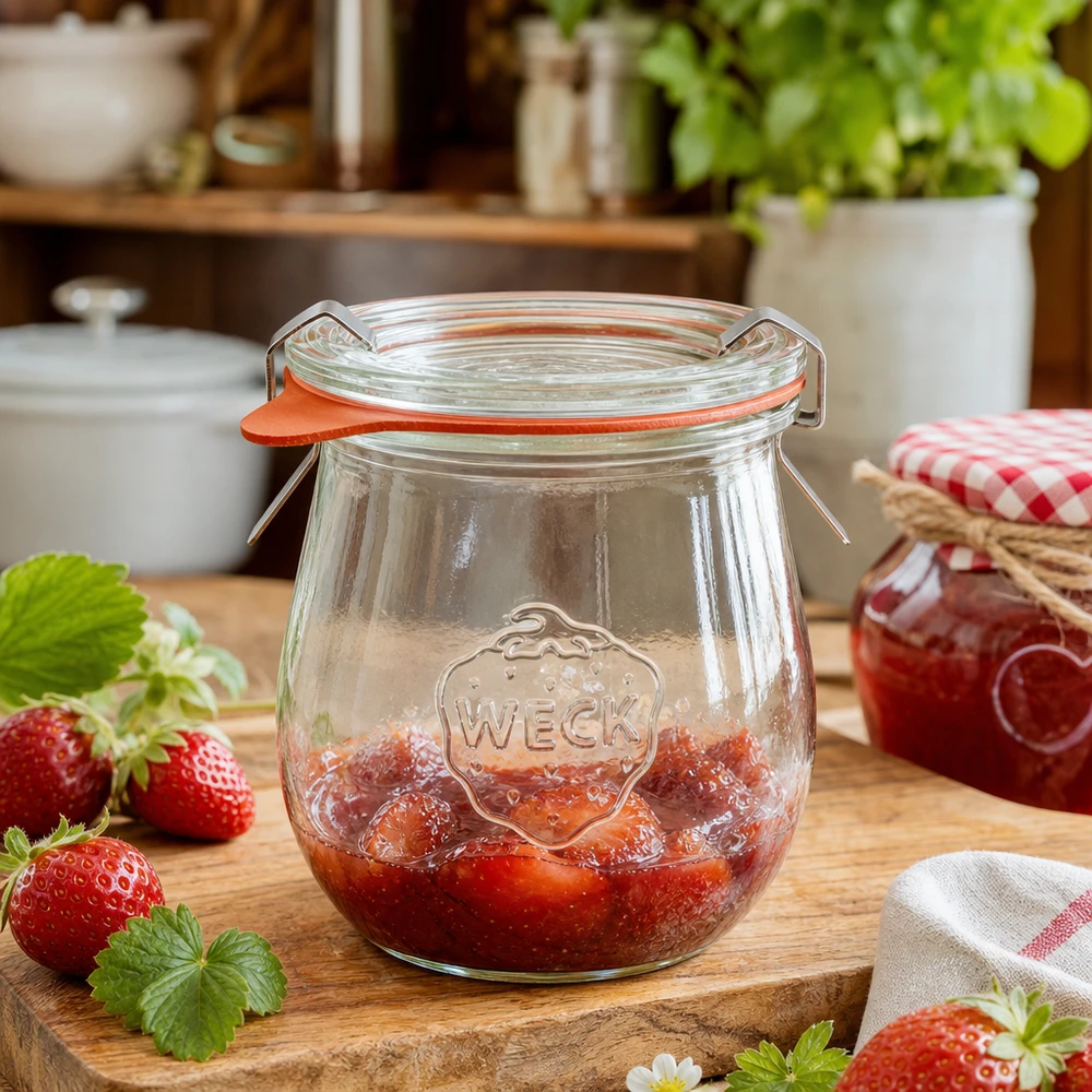 WECK tulppaanipurkki 220ml täynnä mansikkahilloa puulaudalla viihtyisässä keittiössä, jossa on tuoreita mansikoita.