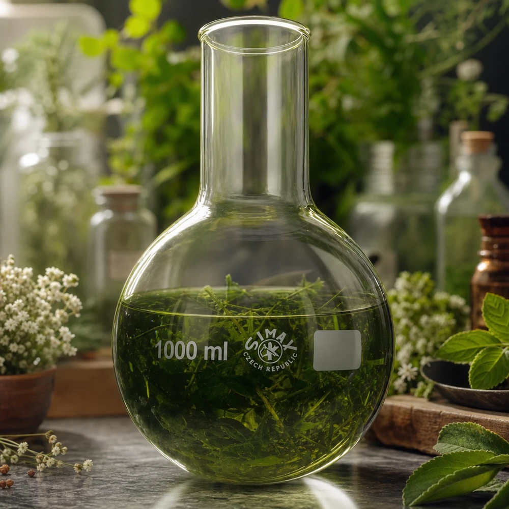 Pyöreäpohjainen pullo 1000ml leveä kaula Laboratoriopullo 1000ml vihreällä kasviliuoksella kasvitieteelliseen uuttamiseen ja luonnollisten aineiden uuttamiseen käytettäväksi.