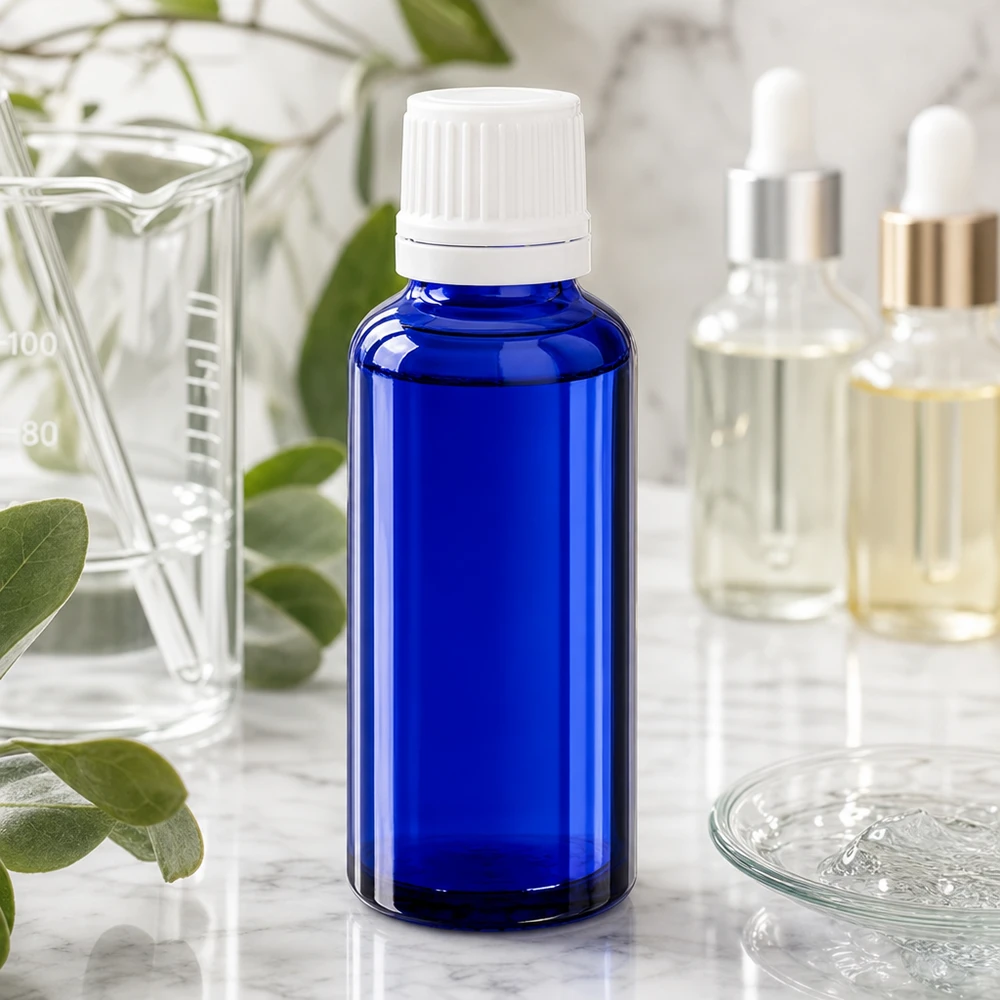 Apteekkipullo sininen 30ml tiputuskorkki 1.2mm valkoinen peukalointisuojattu korkki Sininen 30 ml:n ApoGlas-tiputuspullo, jossa on valkoinen kierrekorkki, laboratoriotilanteessa marmoripinnalla