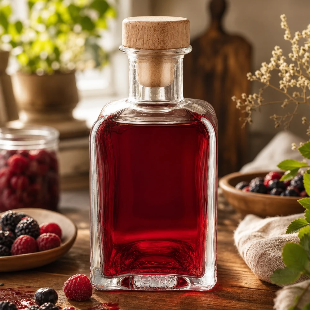 200ml Glasflasche "Clara" mit Holzgriff-Korken UNiTWIST 200ml Glasflasche Clara mit rotem Beerensaft befüllt rustikale Küchendeko mit frischen Beeren natürlicher Holzkorken