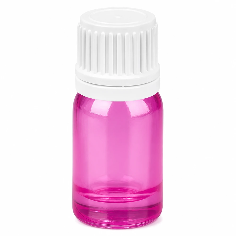 5ml lasipullo, jossa on valkoinen kierrekorkki ja violetti runko eteerisille öljyille.