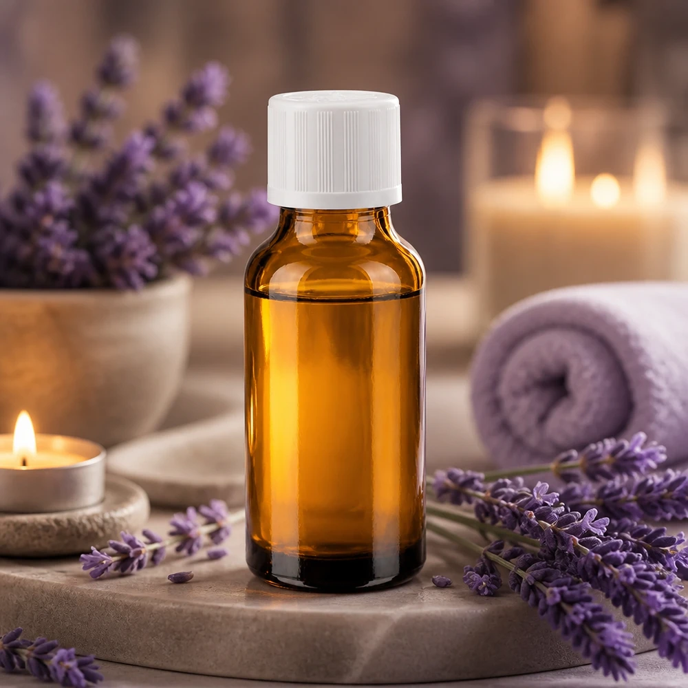 Apteekkipullo ruskea 20ml kierrekorkki valkoinen lapsiturvallinen standardi Pieni 20 ml:n ruskealasiinen apteekkipullo, jossa on valkoinen lapsiturvallinen korkki; spa-teemalla ja laventelilla