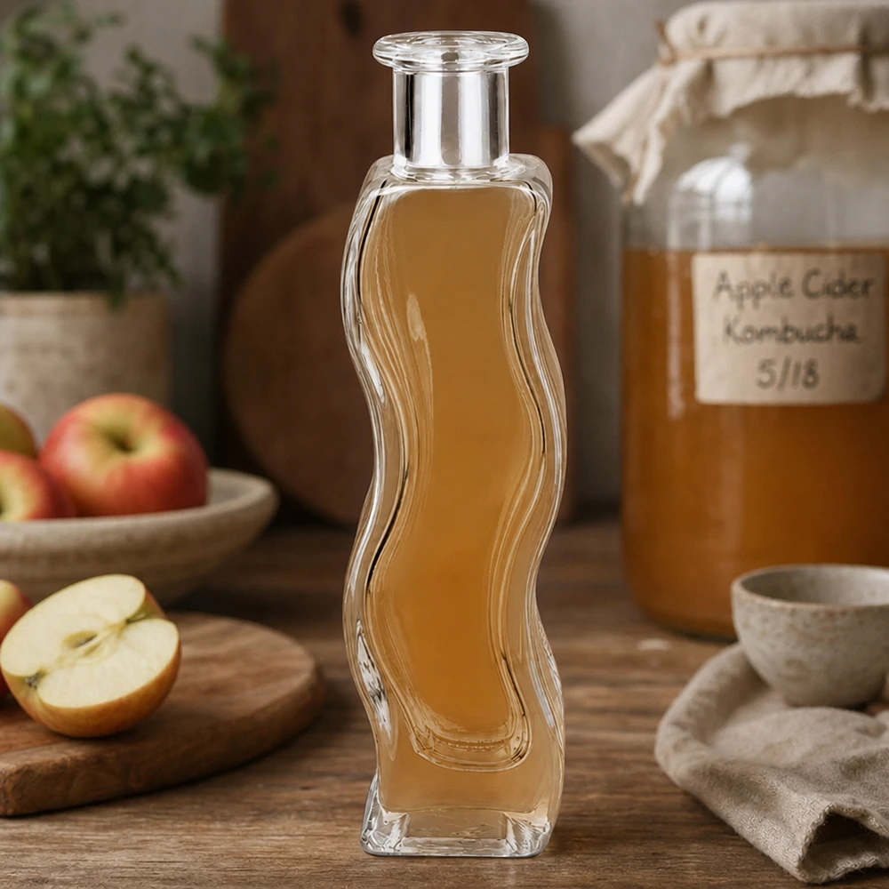 100ml Glasflasche "Melissa" ohne Verschluss UNiTWIST Melissan 100ml lasipullo täynnä omenaviinietikkaa luonnollisessa keittiössä, jossa on tuoreita omenoita ja Kombucha-lasi