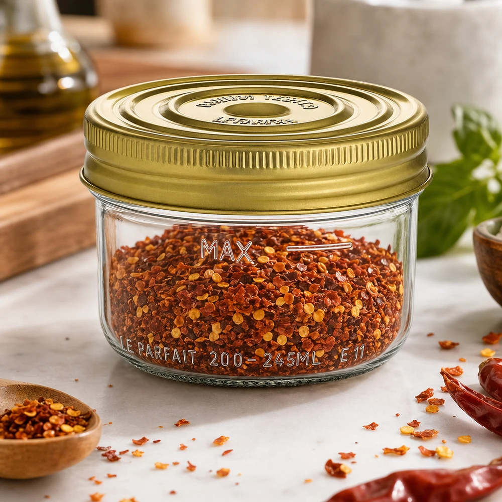 245ml Familia Wiss -mukit, joissa on kultainen kansi ja jotka on täytetty punaisilla chilihiutaleilla keittiön pöydällä mausteiden kanssa.
