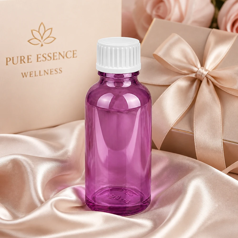30ml (pallomainen) pullo. 3mm valutusrengas valkoinen Standard PurpleLine. UT18/30 30ml premium-lasipullo, jossa on uritettu kierrekorkki, väriltään elegantti violetti.