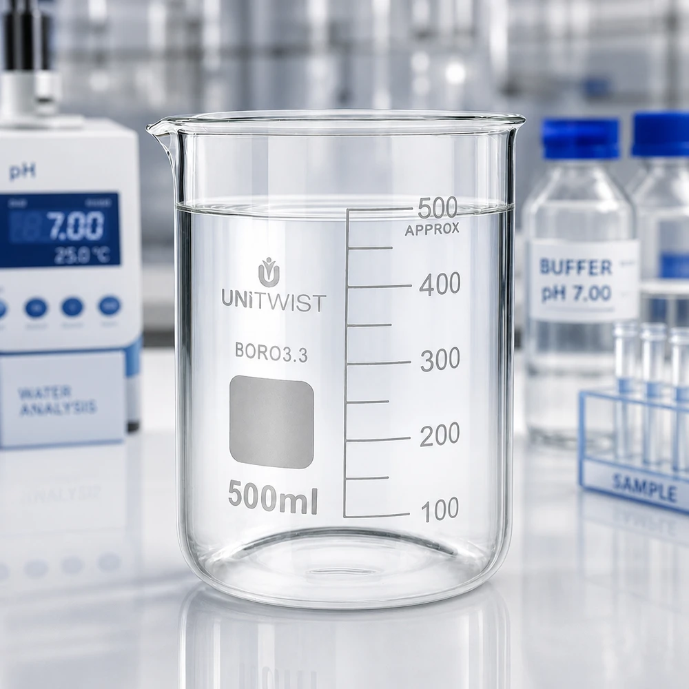500 ml borosilikaattilasi, matala muotti UNiTWIST UNiTWIST-lasimuki 500 ml, matala malli, BORO3.3, laboratoriossa pH-mittarin ja puskuriliuoksen kanssa