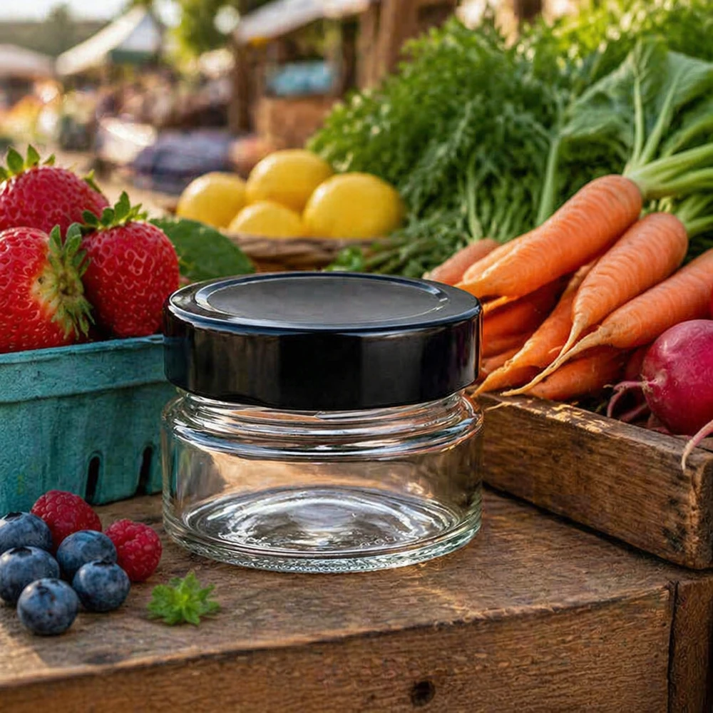 80ml pyöreä purkki + BasicSeal-kansi musta syvä UNiTWIST 80ml Rundglas BasicSeal schwarz auf Holztisch mit frischem Obst Gemüse Marktstand Atmosphäre vielseitig einsetzbar