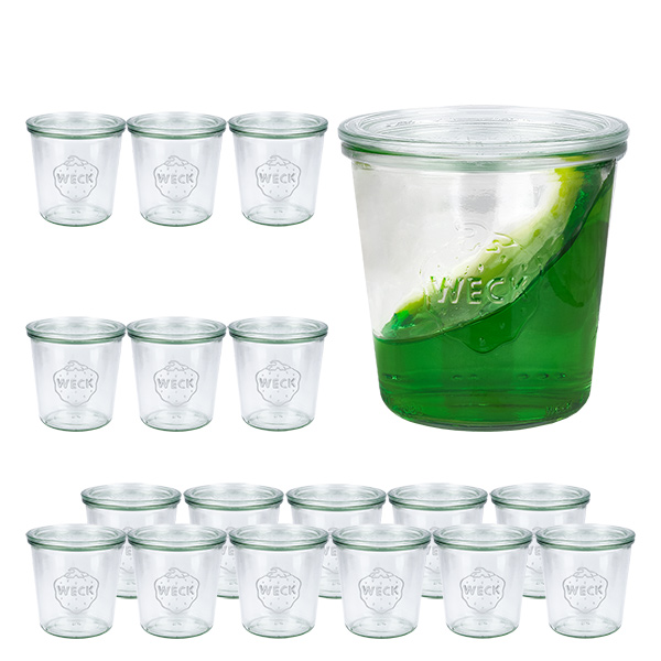 Setti 18 Weck-purkkia 580ml tumblereilla, joissa on 18 lasikantta.