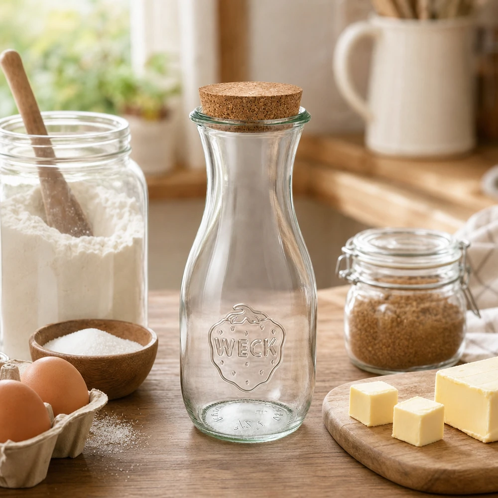 WECK mehupullo 530ml korkilla viihtyisässä keittiössä leivonta-aineiden vieressä jauhot munat voi puupöydällä