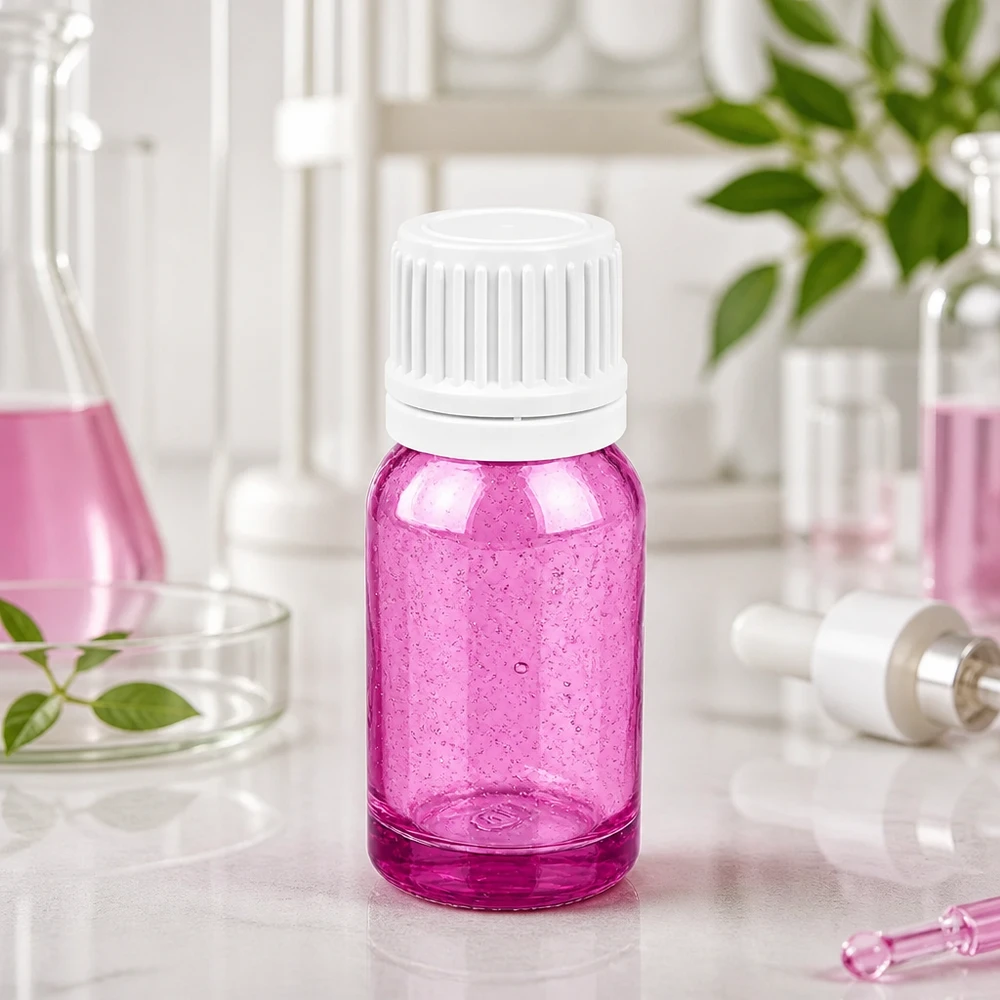 Laadukas 10 ml:n violetti lasipullo, jossa on valkoinen kierrekorkki laboratorio- ja farmaseuttiseen käyttöön.