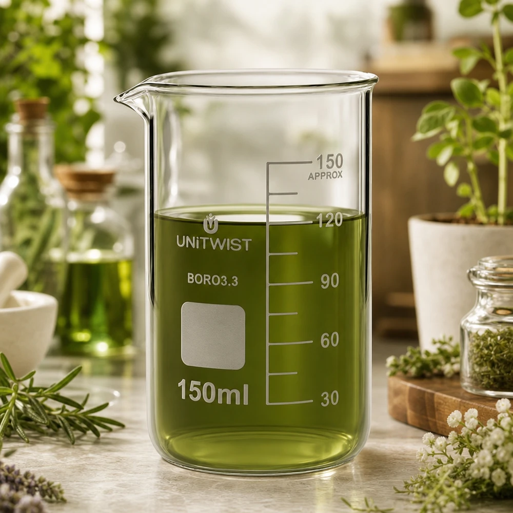 Juomalasi 150ml borosilikaatti, korkea muoto UNiTWIST UNITWIST-lasikuppi, 150 ml, korkea malli, borosilikaattia, sisältää vihreää yrttiliuosta ja sitä ympäröivät tuoreet kasvit