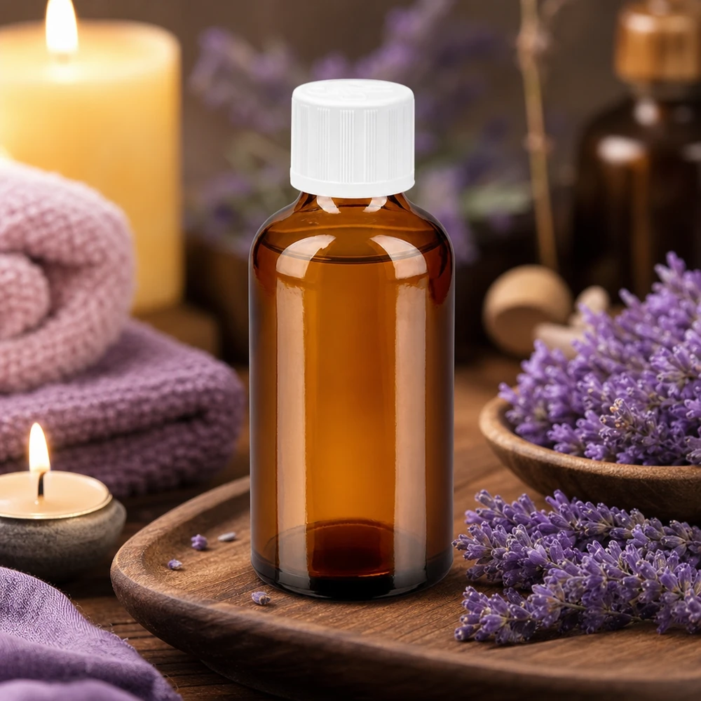 Pieni 50ml meripihkanvärinen lasipullo, jossa on 11mm aukko, ihanteellinen aromaterapiaan ja hyvinvointiin.