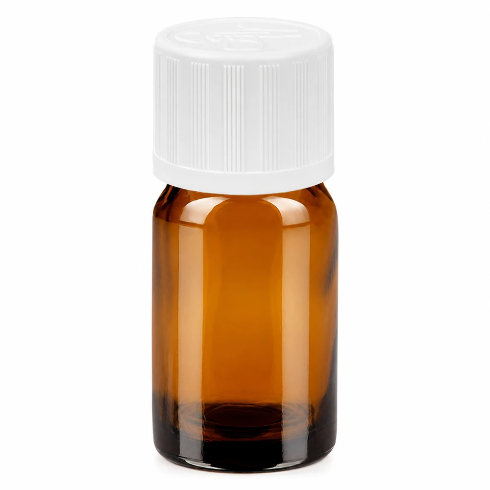5ml ruskea lasipullo valkoisella kierrekorkilla eteerisille öljyille ja lääkkeille