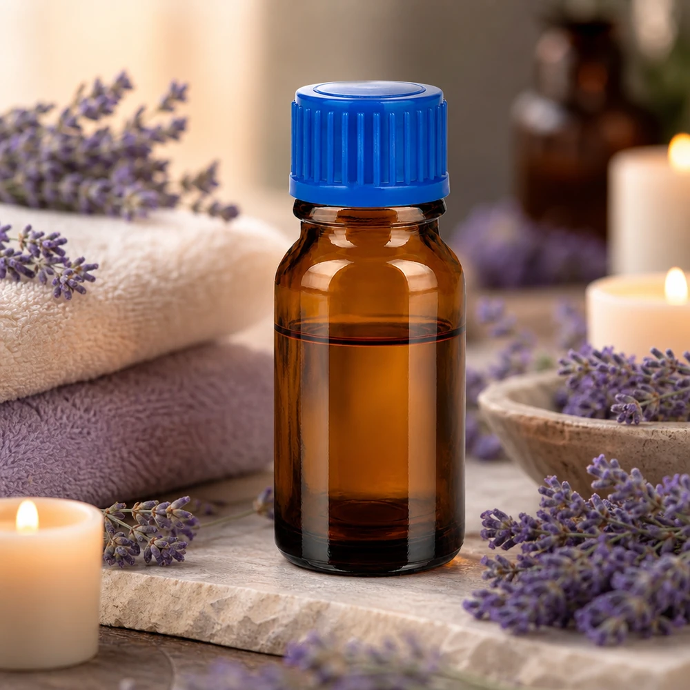 Kompakti 10ml lasipullo ruskealla ruskealla ja sinisellä kierrekorkilla aromaterapiaan ja hyvinvointiin.