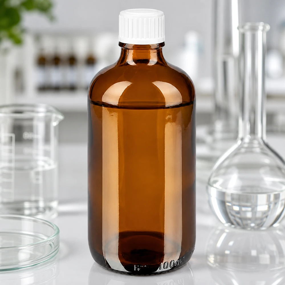 Apteekkipullo ruskea 100ml ruuvikorkki valkoinen standardi Laboratoriokuva 100 ml:n ruskeasta apteekkipullosta, joka on valmistettu meripihkavärisestä lasista ja varustettu valkoisella vakiokorkilla
