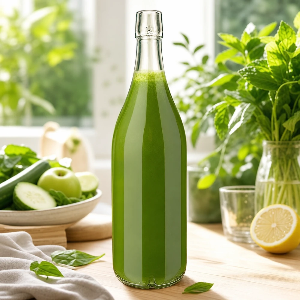 1000 ml:n lasipullo ilman kääntökorkkia UNiTWIST Lasi pullo 1000ml UNiTWIST täynnä vihreää smoothie tuoreita vihanneksia hedelmiä keittiö kohtaus terveellistä ravitsemus