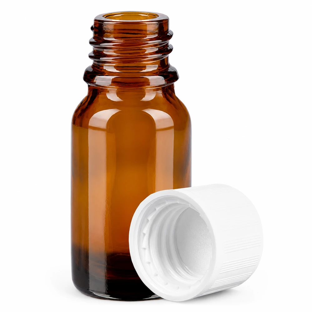 10ml pullo 11mm ruuvikorkki valkoinen vakio lapsiturvallinen BrownLine UT18/10 Pieni 10 ml:n lasipullo meripihkanruskealla kierteellä eteerisiä öljyjä ja tinktuureja varten.