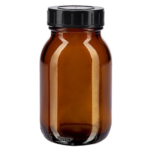 125ml leveäkaulainen meripihkanvärinen lasipullo, jossa on kierrekorkki.