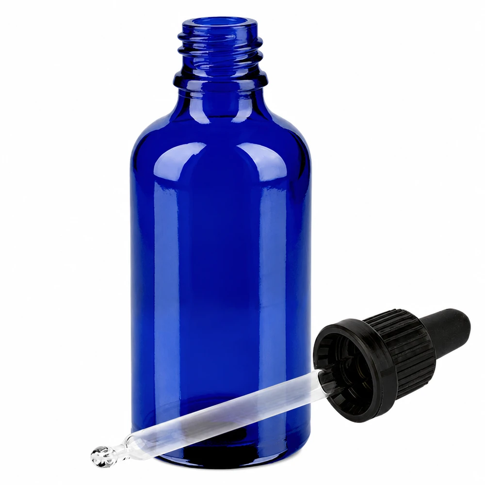 50ml tippapullo korkealaatuista sinistä lasia, jossa on tarkka pipetti tarkkaa annostelua varten.