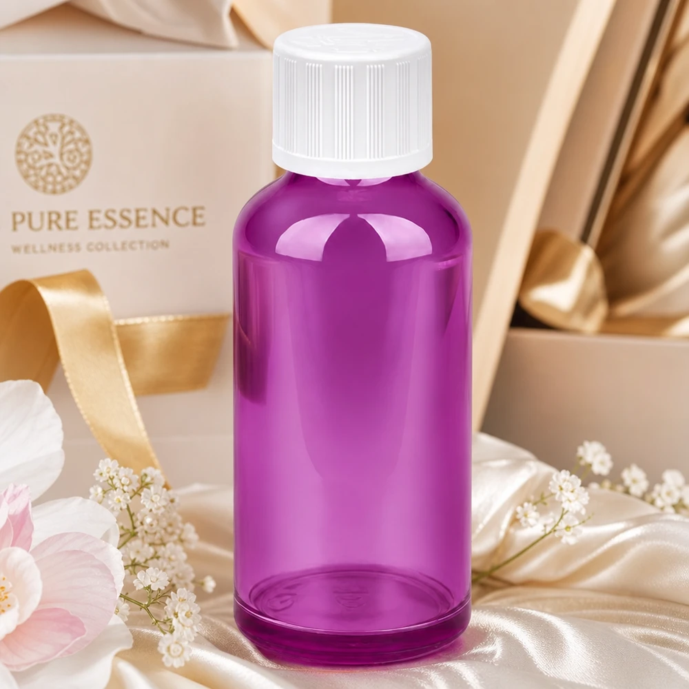 Elegantti 50ml violetti pullo, jossa on lapsiturvallinen korkki, ihanteellinen Pure Essence wellness-tuotteille.