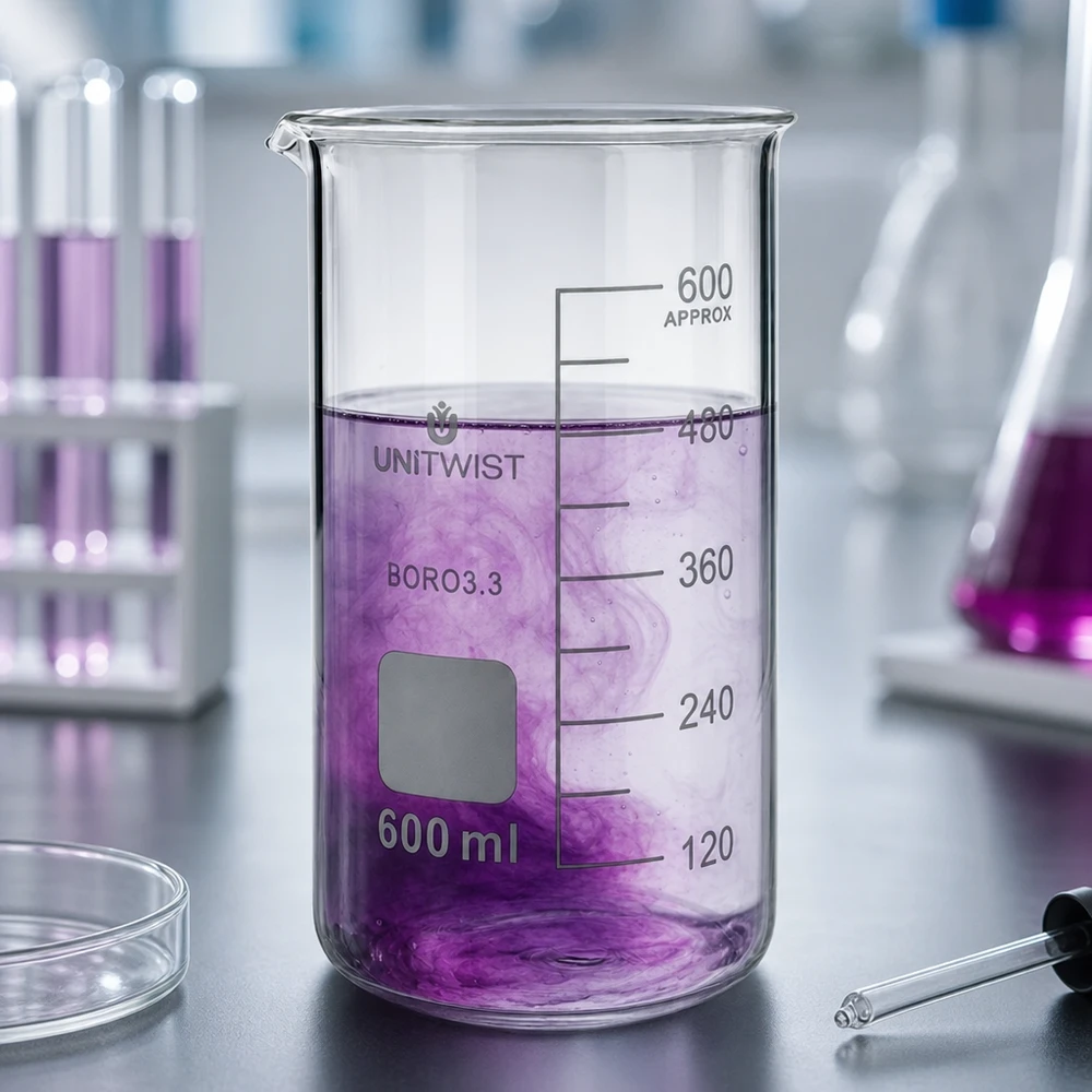 600 ml:n korkea UNITWIST-mitalasi, jossa on violettia nestettä ja näkyvä diffuusiovaikutus