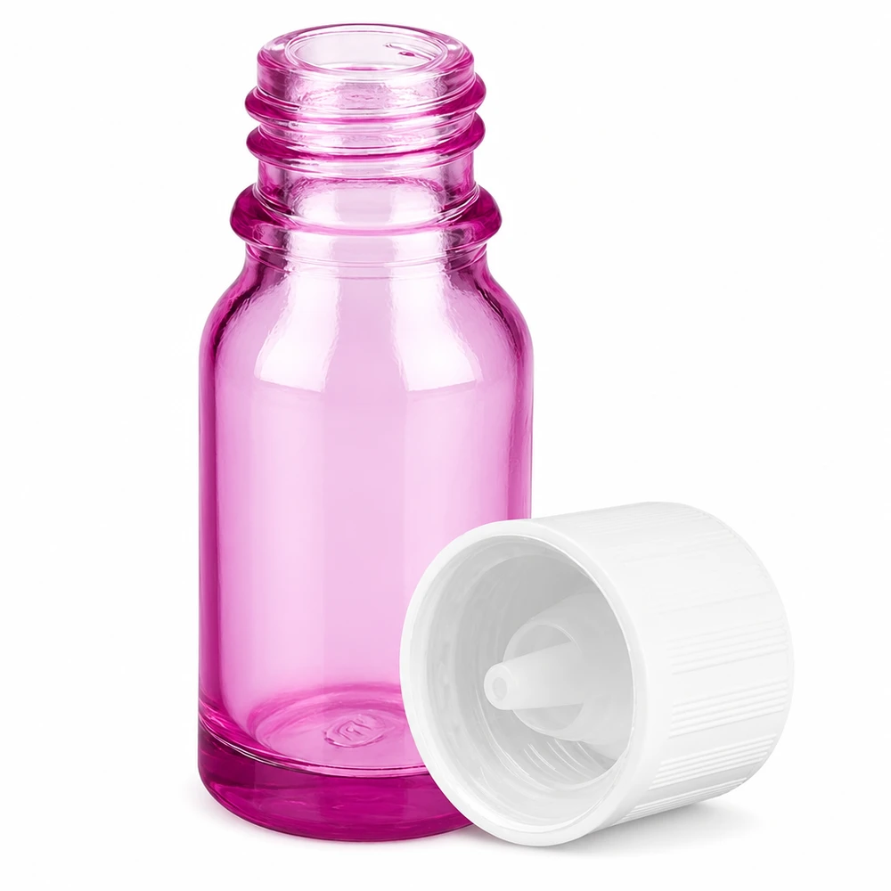Purppuranpunainen lasipullo 10ml, jossa on tiputuslaite 1.2mm eteerisille öljyille ja kosmetiikalle.