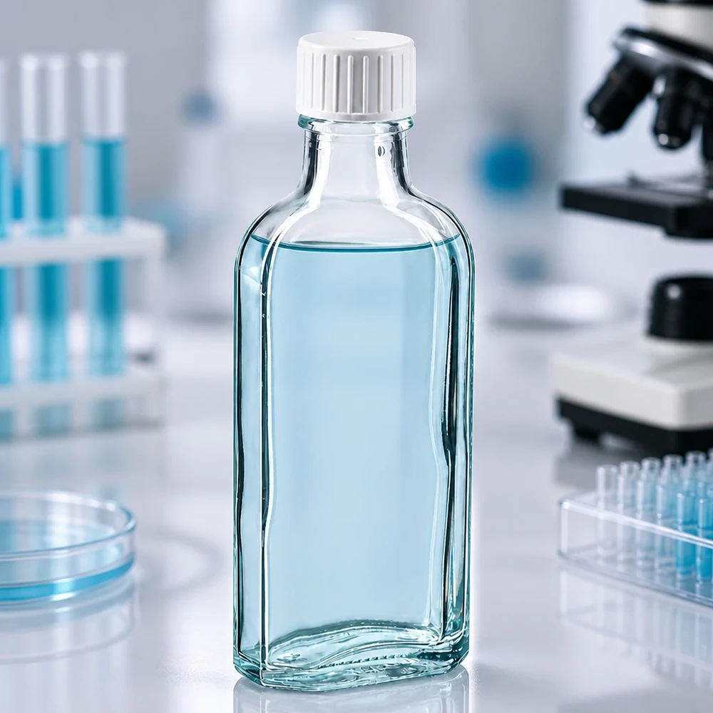 Litteä 100 ml:n Meplat-lasipullo, jossa on valkoinen kierrekorkki ja kaatorenkaan, laboratoriokäytössä