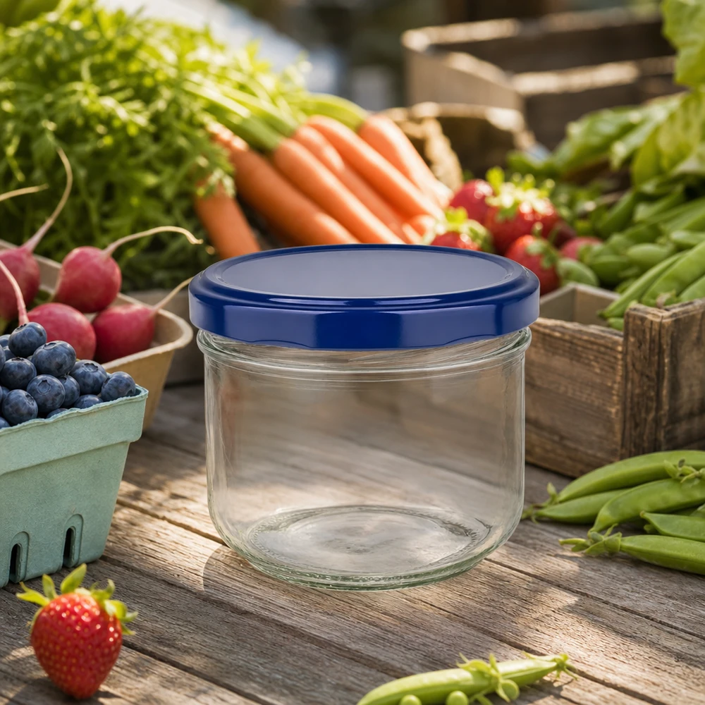 260ml Sturzglas BasicSeal blau leer auf Holztisch mit frischem Obst und Gemüse - perfekt für Marmelade und Konserven