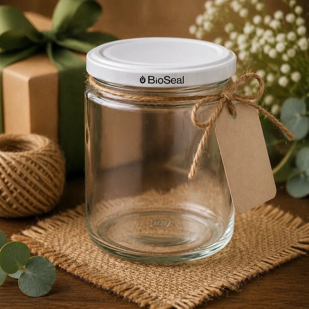 350g Honigglas + BioSeal Deckel weiß UNiTWIST 250ml hunajapurkki BioSeal UNiTWIST tyhjä koristeltu juutti rusetti voimapaperi tag maalaismainen lahja tyyliin