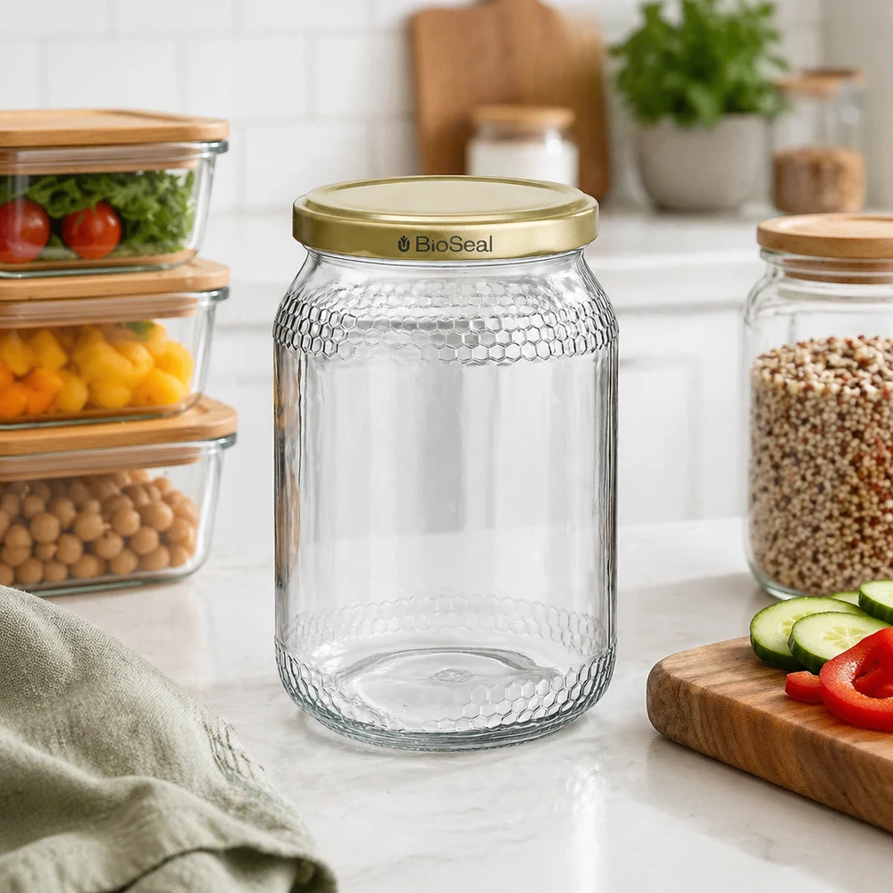 1260g Honigglas + BioSeal Deckel gold UNiTWIST Hunajapurkki 900ml tyhjä kultaisella BioSeal-kannella modernissa keittiössä säilytyspurkkien ja tuoreiden ainesosien välissä.
