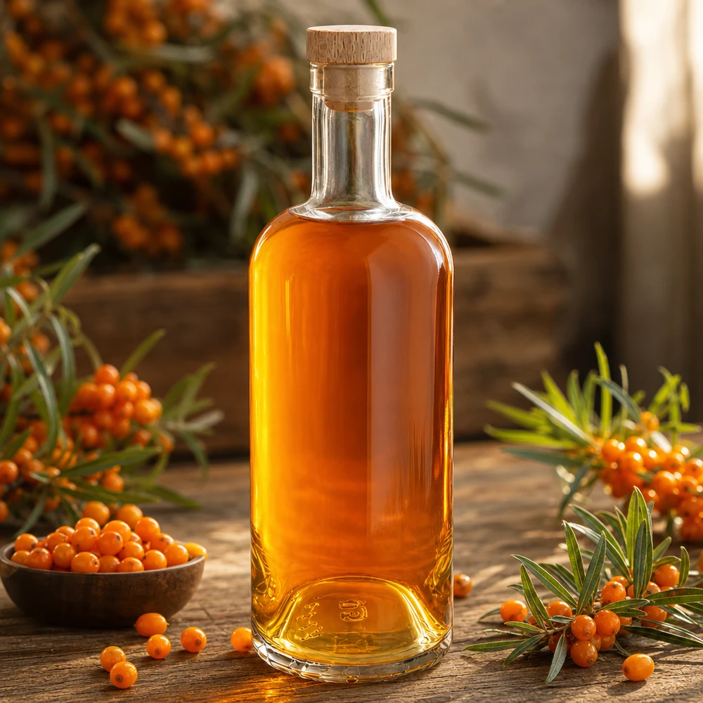 750ml Glasflasche "Attila" mit Holzgriffkorken UNiTWIST® 750ml lasipullo Emma, jossa on puukorkki ja joka on täytetty oranssilla tyrniöljyllä, jota ympäröivät tyrnimarjat ja oksat.