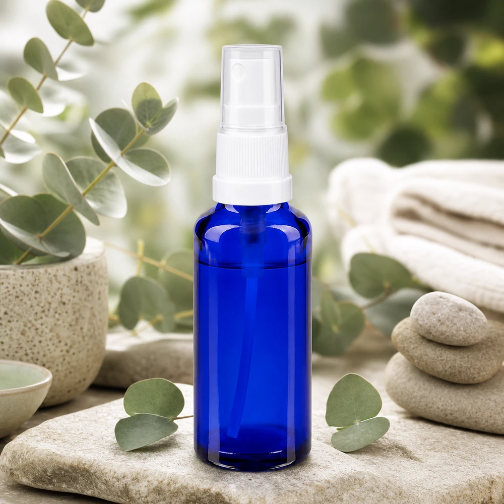 Apteekkipullo sininen 30ml ruiskutuskorkki valkoinen Sininen 30 ml:n apteekkilasinen suihkepullo, jossa on valkoinen suihkepää, eukalyptuslehtien ja zen-kivien välissä