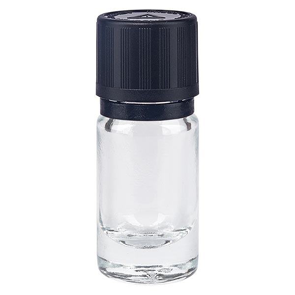 Apteekkipullo kirkas 5ml tiputuskorkki Kaatumisrengas 1mm musta Lapsilukko Sokkovaroitussymboli Tamper evident sulkeminen Apteekkipullo kirkas 5ml tiputuskorkki Kaatumisrengas 1mm musta Lapsilukko Sokkovaroitussymboli Tamper evident sulkeminen