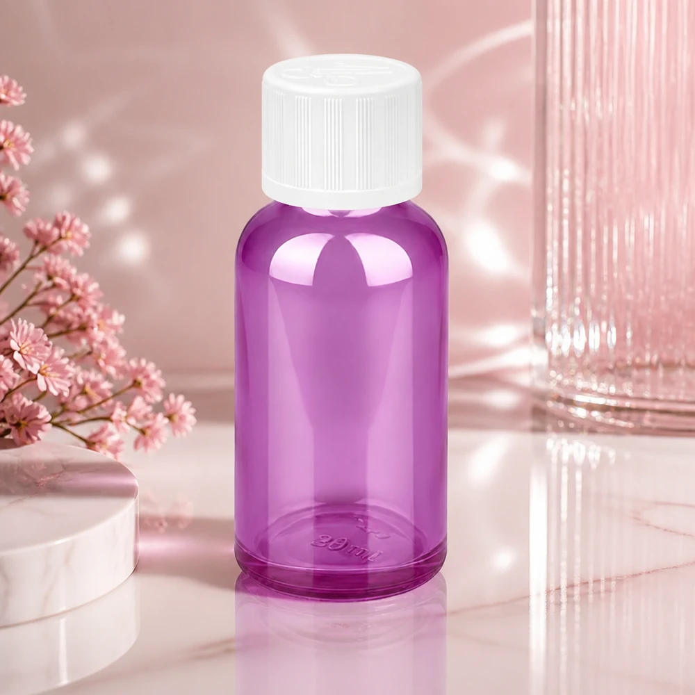 30ml pullo 11mm ruuvikorkki valkoinen standardi lapsiturvallinen PurpleLine UT18/30 Kompakti 30 ml:n kirkkaan violetti lasipullo valkoisella kierrekorkilla liikkuviin sovelluksiin.