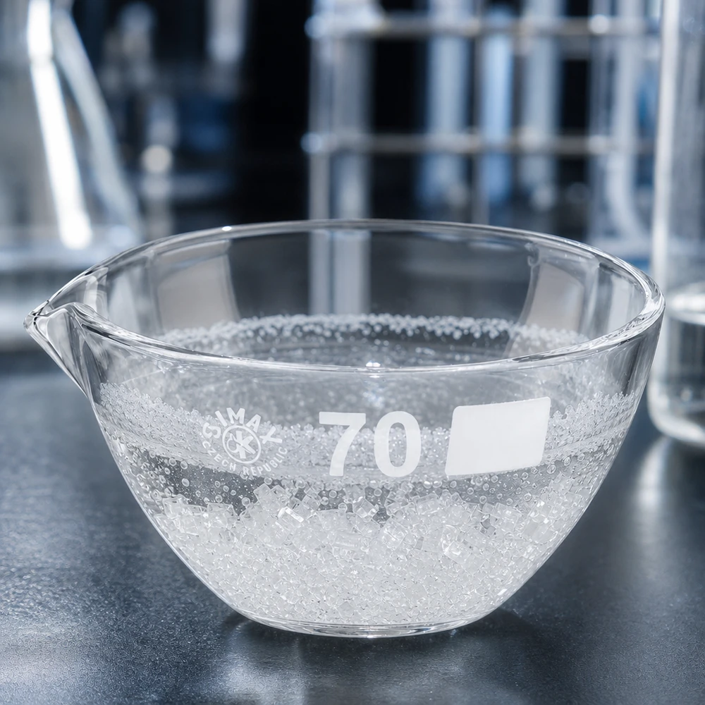 60ml haihdutusmalja, jossa on nokka borosilikaatti ø70mm Pyöreä haihdutusastia 60ml, jossa on ø70mm:n nokka, valmistettu kuumuutta kestävästä borosilikaattilasista laboratoriosovelluksiin