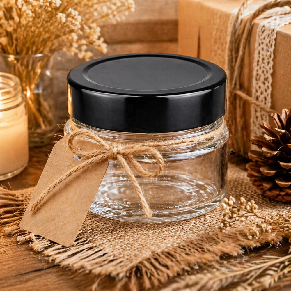 80ml pyöreä purkki + BasicSeal-kansi musta syvä UNiTWIST 80ml pyöreä lasipurkki musta läpinäkyvä kosmetiikkapurkki koristeellisesti järjestetty lahjanauhalla luonnollinen koristelu BasicSeal