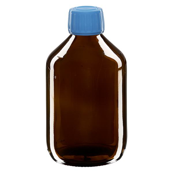 300 ml:n lääkepullo ruskea, sininen korkki, jossa on sinetöintiturvallinen rengas ApoGlas