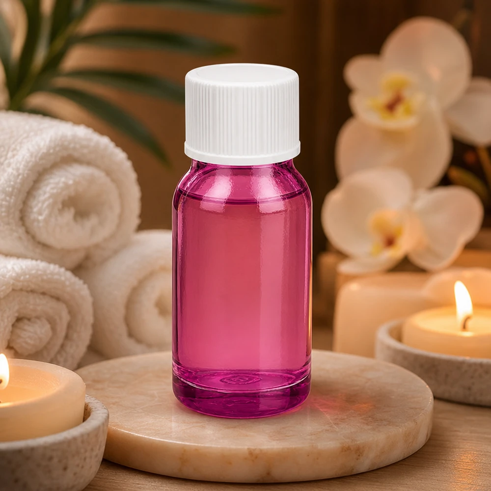 Premium 10ml violetti lasipullo UV-suojalla ja valkoisella kierrekorkilla wellness-tuotteille.