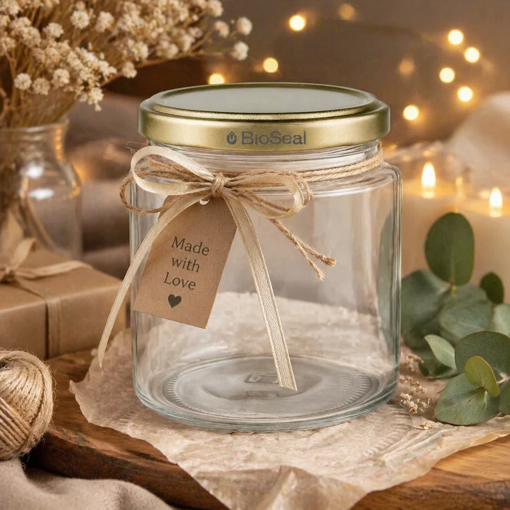 350g Honigglas + BioSeal Deckel gold UNiTWIST Leeres 250ml BioSeal Honigglas dekorativ arrangiert mit Geschenkband und Made with Love Anhänger, goldener UNiTWIST Deck