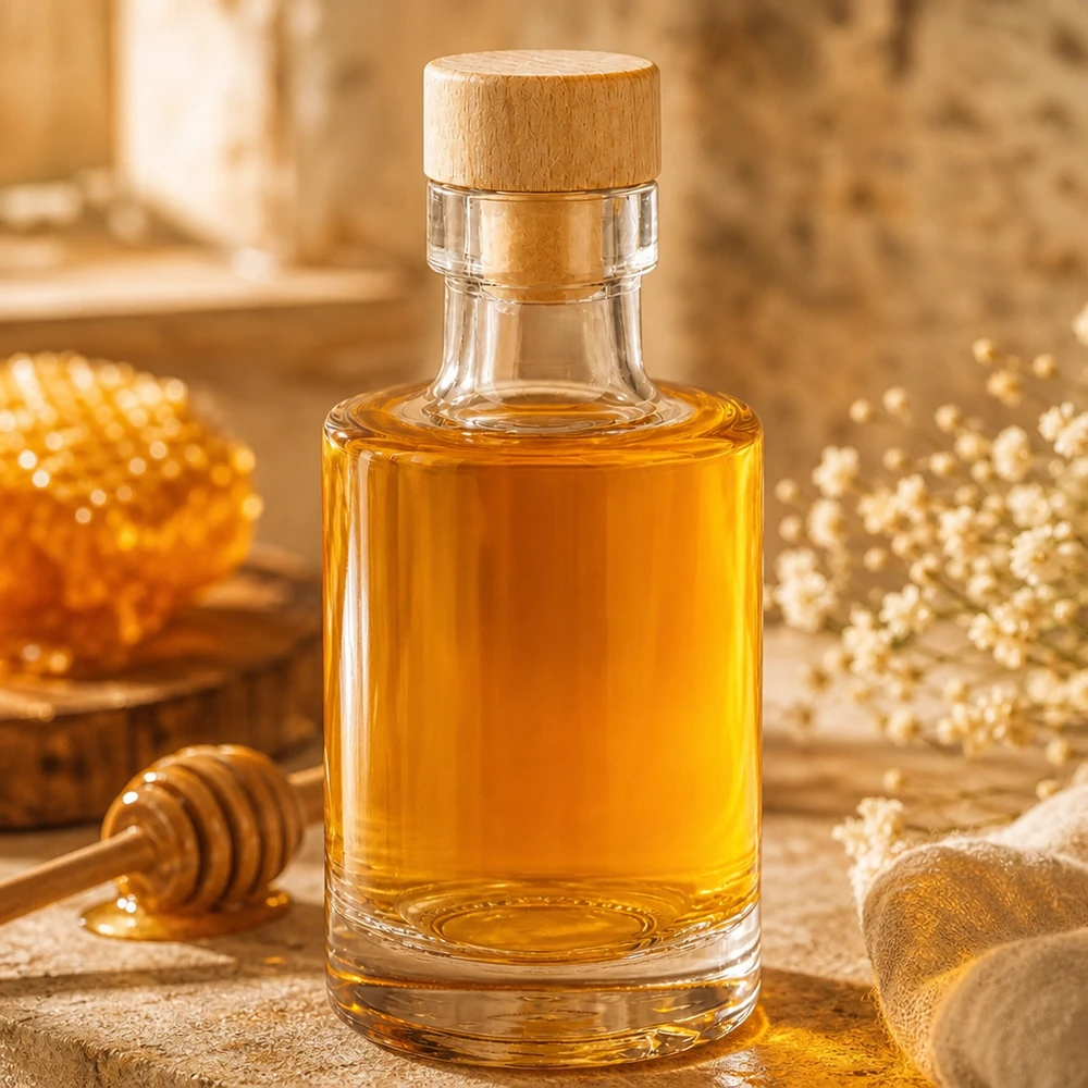 100ml Glasflasche "Marie" mit Holzgriff-Korken UNiTWIST 100 ml:n lasipullo Marie, jossa on puukorkki ja joka on täytetty hunajalla hunajakennon ja hunajalusikan vieressä maalaismaisella puupöydällä.